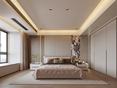 Modern Bedroom Interior With Large Bed Decorative Painting Nightstands Curtains Wardrobes And Ceiling Light Strips 3d model