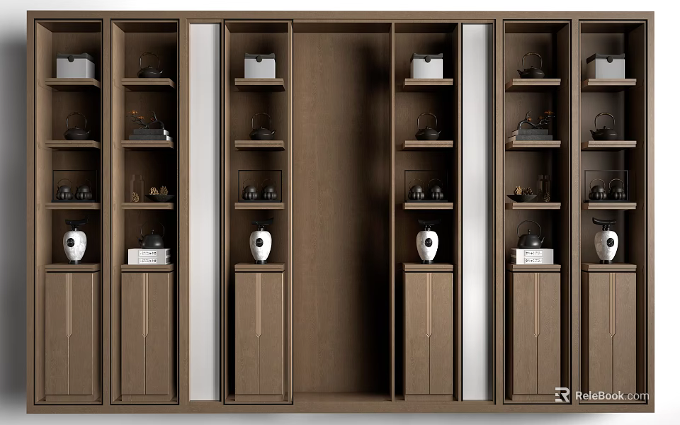 Traditional Wooden Decorative Cabinet With Multiple Compartments Drawers Tea Sets And Vases 3d model 