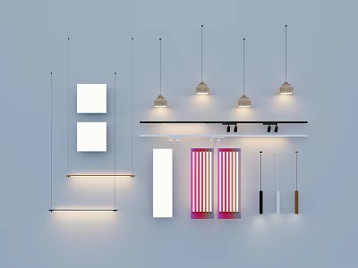 Modern Lighting Combination With Pendant Lights Linear Fixtures Square Panels And Colorful Stripes 3d model