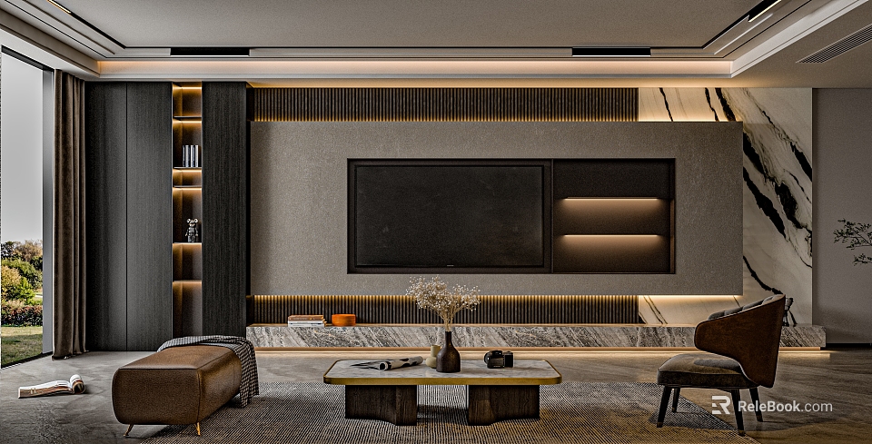 Modern TV Wall Design With Wooden Strips Gray Panel And LED Lighting In Living Room 3d model 