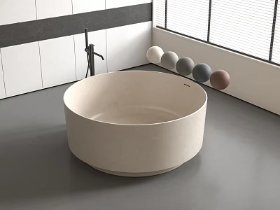 Modern Beige Round Freestanding Bathtub With Faucet Colored Decorative Balls Gray Floor And Window Blinds 3d model