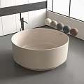 Modern Beige Round Freestanding Bathtub With Faucet Colored Decorative Balls Gray Floor And Window Blinds