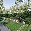 Spacious Children's Play Area With Green Lawn Trees And Animal Themed Play Equipment