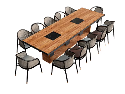Wooden Dining Table Set With Woven Chairs Black Metal Legs And Square Inlays 3d model