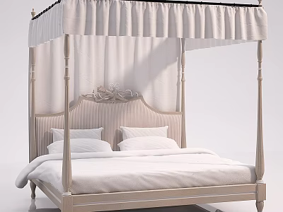 Elegant Four Poster Double Bed with White Canopy Bedding and Decorative Headboard 3d model