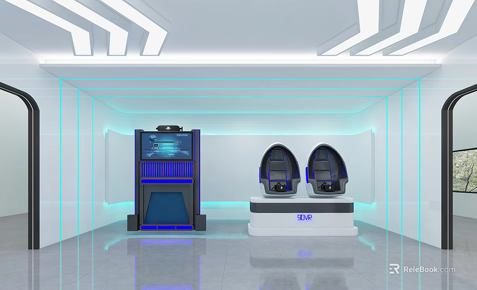 Futuristic Modern Tech Room With White Blue Console Two Seats And Glowing Lines 3d model 