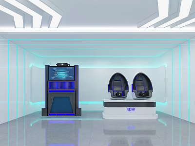 Futuristic Modern Tech Room With White Blue Console Two Seats And Glowing Lines 3d model