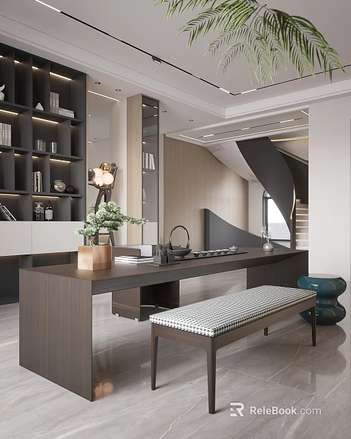 Modern Tea Room Interior Design With Wooden Table Tea Set Green Plant And Bookshelf 3d model 