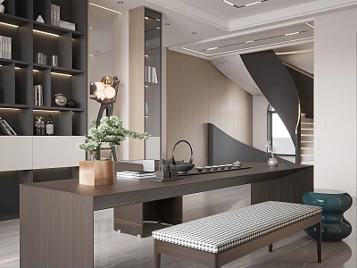 Modern Tea Room Interior Design With Wooden Table Tea Set Green Plant And Bookshelf 3d model