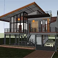 Modern Detached Villa With Sloped Roof Large Glass Windows Balcony Garage Lawn And Car