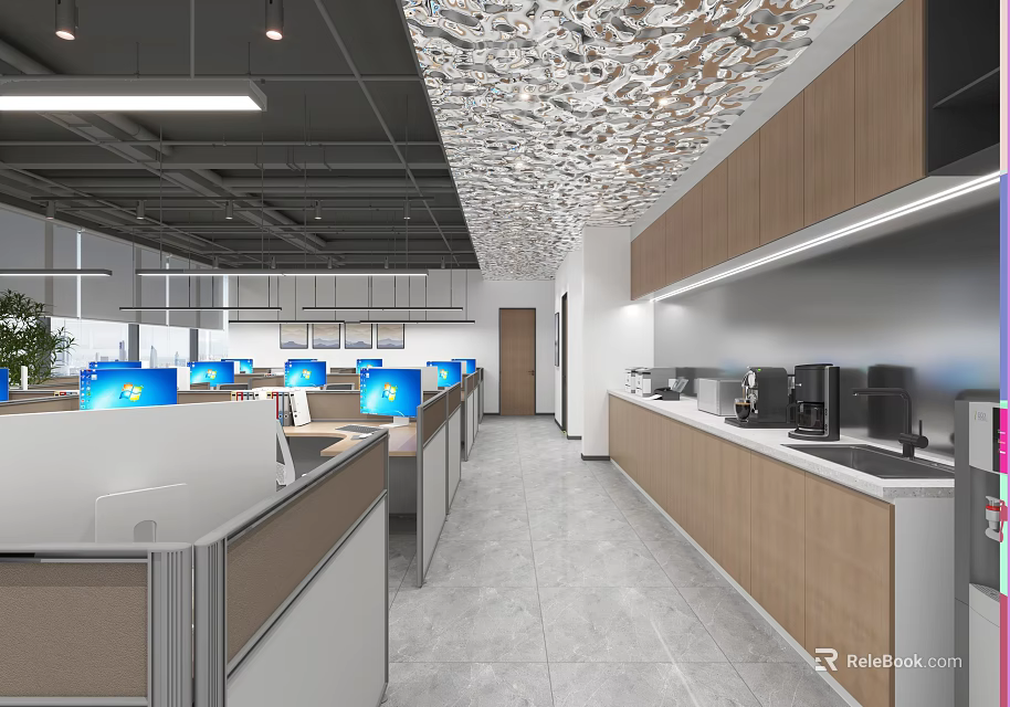 Modern Open Office Space With Work Cubicles Computers Wooden Cabinets And Decorative Ceiling 3d model