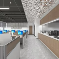 Modern Open Office Space With Work Cubicles Computers Wooden Cabinets And Decorative Ceiling 3d model