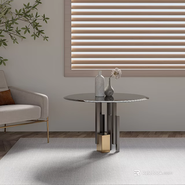 Modern Round Side Table With Marble Top And Geometric Metal Legs In Living Room 3d model 