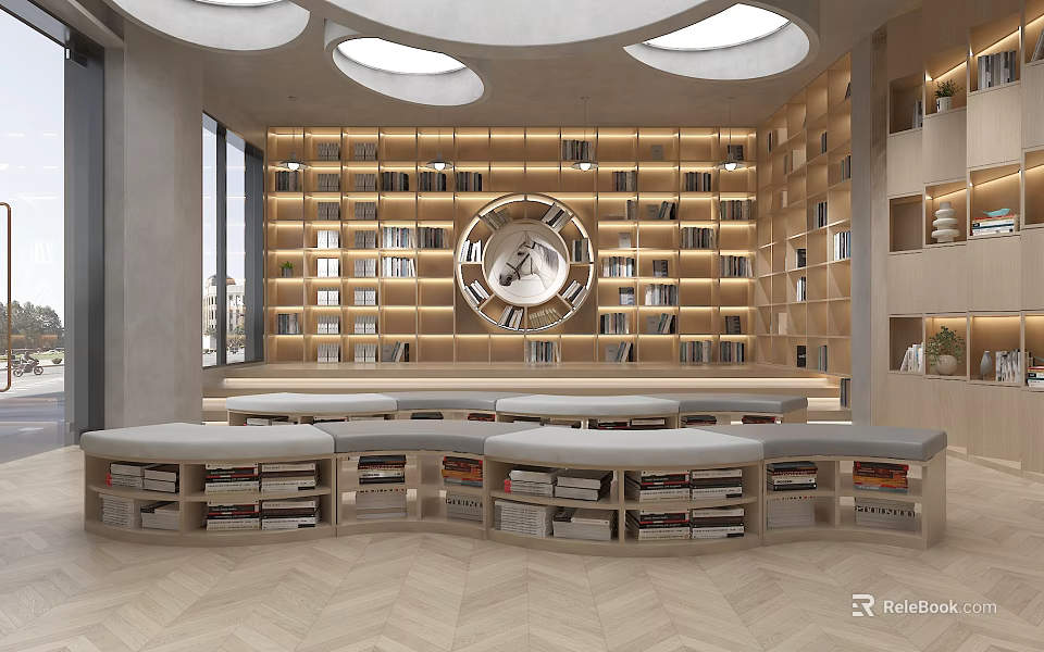 Book Art Inspired Library Interior With Wooden Bookshelves Circular Ceiling Lights Arched Seating Herringbone Floor 3d model 