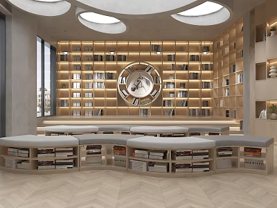 Book Art Inspired Library Interior With Wooden Bookshelves Circular Ceiling Lights Arched Seating Herringbone Floor 3d model