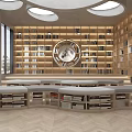 Book Art Inspired Library Interior With Wooden Bookshelves Circular Ceiling Lights Arched Seating Herringbone Floor