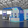 Blue And White Exhibition Booth Setup With Logo Staff Digital Screens And Tables Chairs