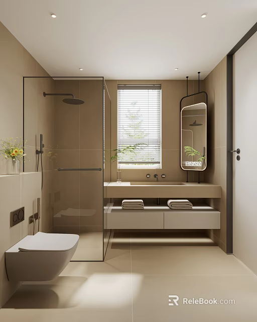 Modern Bathroom Interior With Glass Shower Vanity Mirror Window And Storage Cabinets 3d model 