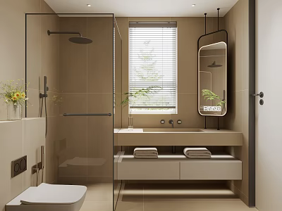 Modern Bathroom Interior With Glass Shower Vanity Mirror Window And Storage Cabinets 3d model