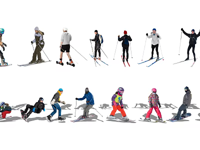 Multiple People Skiing In Various Poses On Snowy Winter Slopes 3d model