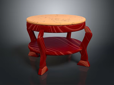 Round Top Furniture Featuring Textured Surface Red Wooden Curved Legs And Lower Shelf 3d model