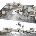 Modern Sofa Coffee Table Combination With Light Colored Cushions Marble Top And Decorative Plants 3d model