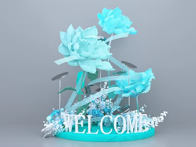 Photo Spot with Blue Flowers Welcome Sign Decorative Ribbons and Ornaments 3d model