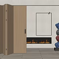 Open Wooden Folding Doors in Modern Interior with Fireplace and Artwork