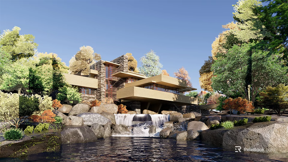 Stunning Detached Villa Surrounded by Trees With Waterfall and Rock Formations 3d model 