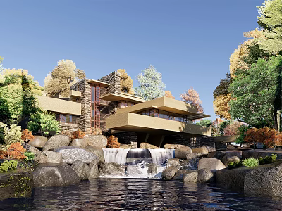Stunning Detached Villa Surrounded by Trees With Waterfall and Rock Formations 3d model
