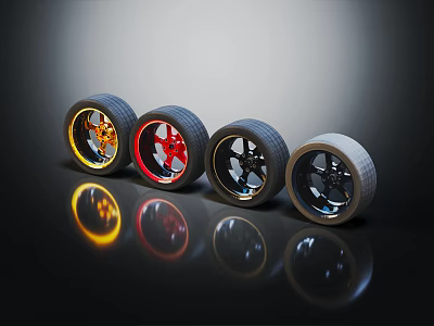 Car Tires with Stylish Colored Alloy Wheels in Red Black and Silver Designs 3d model