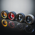 Car Tires with Stylish Colored Alloy Wheels in Red Black and Silver Designs