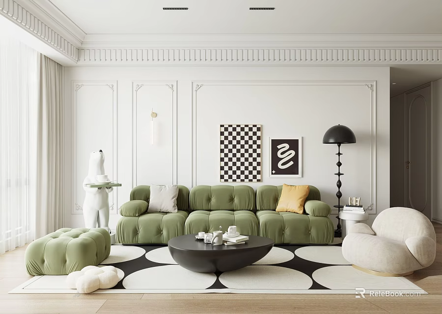 Elegant Living Room Interior Design With Green Sofa Round Coffee Table White Armchair And Artwork 3d model 
