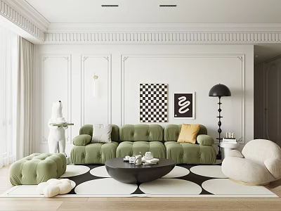 Elegant Living Room Interior Design With Green Sofa Round Coffee Table White Armchair And Artwork 3d model