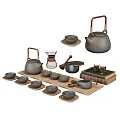Elegant Ceramic Tea Set with Teapot Cups Tray and Wooden Handles