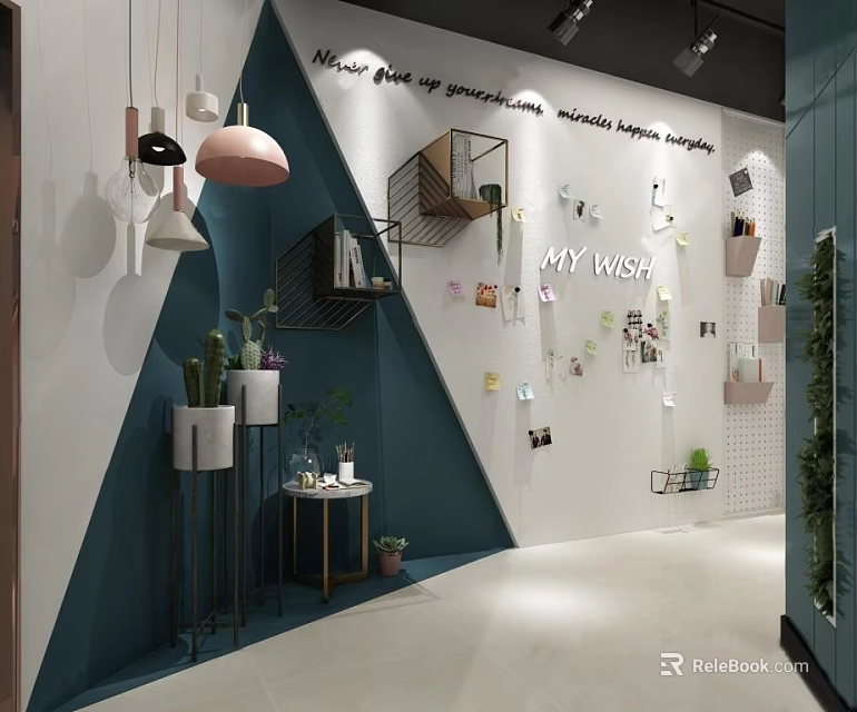 Modern Pendant Lights Display With Wall Decor Photos Shelves And Green Plants 3d model 