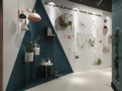 Modern Pendant Lights Display With Wall Decor Photos Shelves And Green Plants 3d model