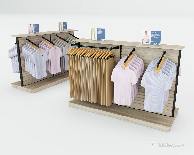 Clothing Hangers on Wooden Display Racks with White Pink Striped Shirts in Retail Store 3d model 