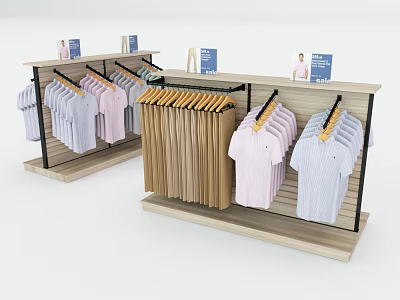 Clothing Hangers on Wooden Display Racks with White Pink Striped Shirts in Retail Store 3d model