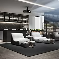 Modern Home Theater Room Interior Design With White Sofa Projector Storage Cabinets And Large Windows