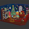 Cartoon Christmas Living Room With Decorated Tree Star Lights Red Sofa And Rocking Horse