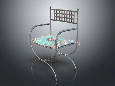 Leisure Chair With Metal Frame Grid Patterned Backrest Curved Armrests And Colorful Cushion 3d model