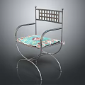 Leisure Chair With Metal Frame Grid Patterned Backrest Curved Armrests And Colorful Cushion