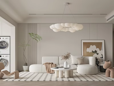 Modern Living Room With Beige Sofa Cloud Like Chandelier And Decorative Painting 3d model