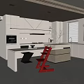 Modern Kitchen Interior With White Cabinets Island Counter Hanging Lights And Red Ladder