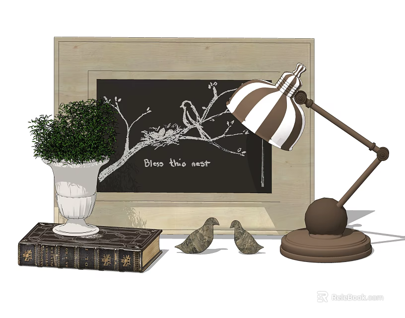 Elegant Decorative Ornament Set with Framed Bird Art Table Lamp Green Plant and Bird Figurines 3d model 
