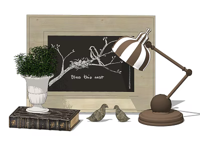 Elegant Decorative Ornament Set with Framed Bird Art Table Lamp Green Plant and Bird Figurines 3d model
