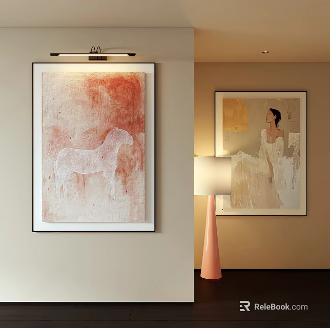Oil Paintings with White Horse Red Background and Woman in White Dress for Interior Decor 3d model 