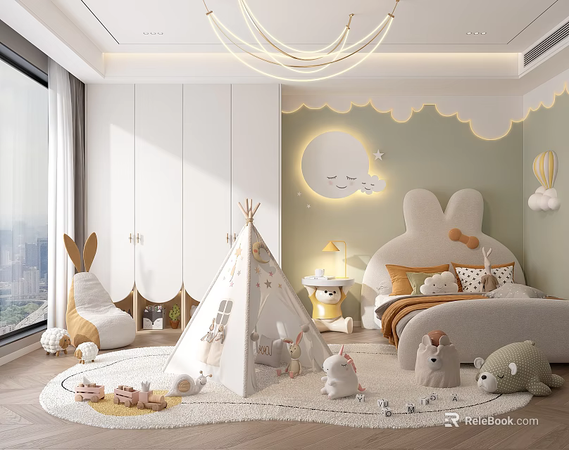 Cozy Kids Room With Bunny Shaped Bed Teepee Tent Moon Cloud Decor And Stuffed Toys 3d model 