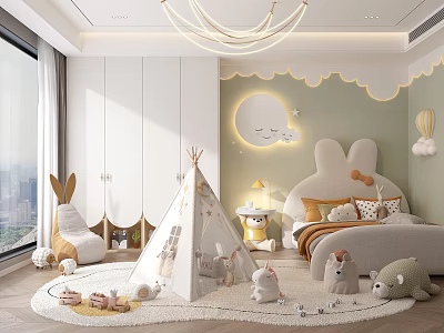 Cozy Kids Room With Bunny Shaped Bed Teepee Tent Moon Cloud Decor And Stuffed Toys 3d model